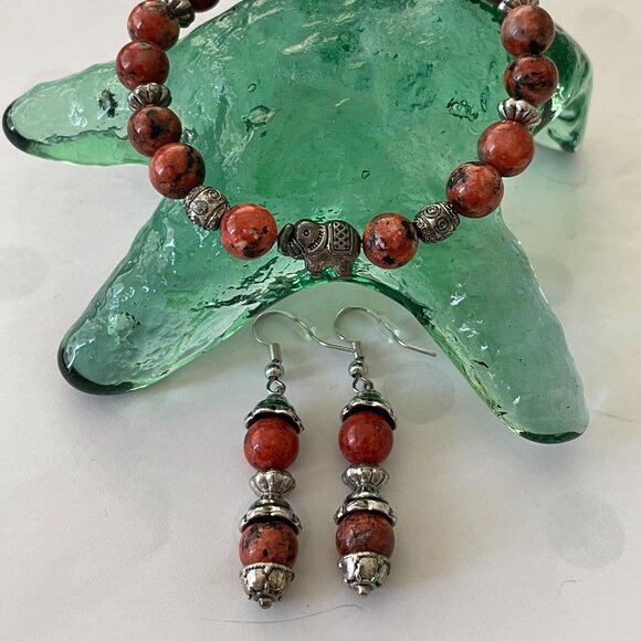 Handmade Jewelry - Red Jasper Gemstone Elephant Bracelet and Pierced Earring Set